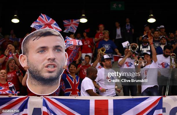 Great Britain fans cheer on Daniel Evans of Great Britain during the singles match against Jeremy Chardy of France on day one of the Davis Cup World...