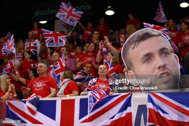 Great Britain fans cheer on Daniel Evans of Great Britain during the singles match against Jeremy Chardy of France on day one of the Davis Cup World...