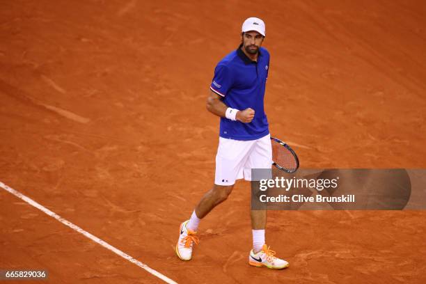 Jeremy Chardy of France reacts during the singles match against Daniel Evans of Great Britain on day one of the Davis Cup World Group Quarter-Final...