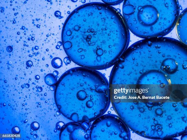 full frame of the textures formed by the bubbles and drops of oil in the shape of circle floating on a blue colors background - espiral stock-fotos und bilder