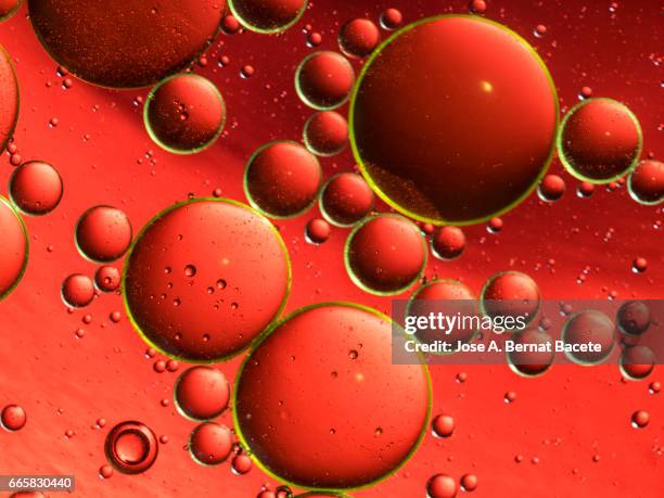 full frame of the textures formed by the bubbles and drops of oil in the shape of circle floating on a red colors background - contaminación photos et images de collection