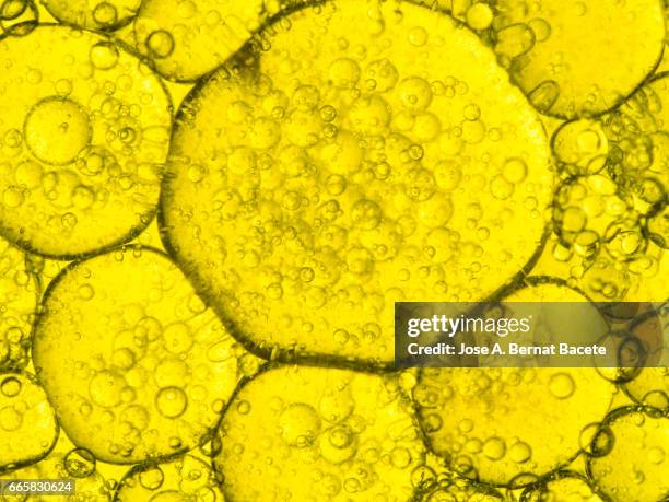 full frame of the textures formed by the bubbles and drops of oil in the shape of circle floating on a yellow colors background - esfera stock-fotos und bilder