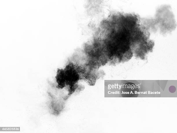 explosion of a cloud of powder of particles of  colors gray and black on a white background - vapore foto e immagini stock