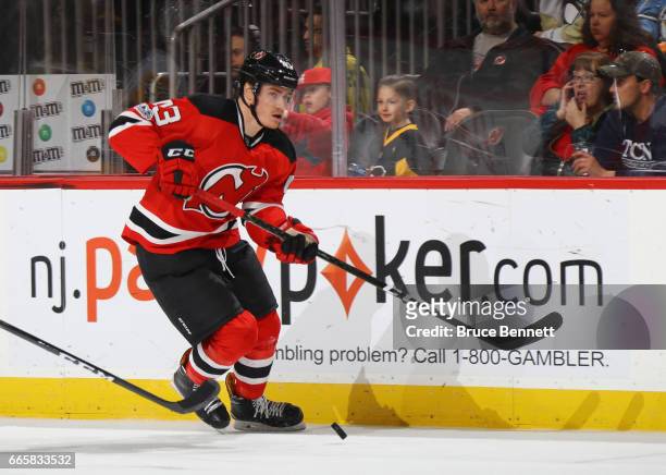Ben Thomson of the New Jersey Devils skates against the Pittsburgh Penguins at the Prudential Center on April 6, 2017 in Newark, New Jersey. The...