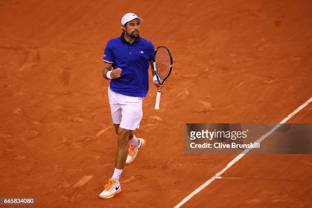 Jeremy Chardy of France reacts during the singles match against Daniel Evans of Great Britain on day one of the Davis Cup World Group Quarter-Final...