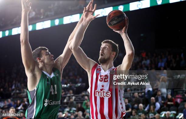 Ognjen Kuzmic, #32 of Crvena Zvezda mts Belgrade in action during the 2016/2017 Turkish Airlines EuroLeague Regular Season Round 30 game between...