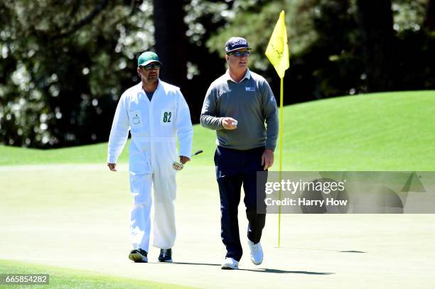 Charley Hoffman of the United States makes bogey on the eighth hole during the second round of the 2017 Masters Tournament at Augusta National Golf...