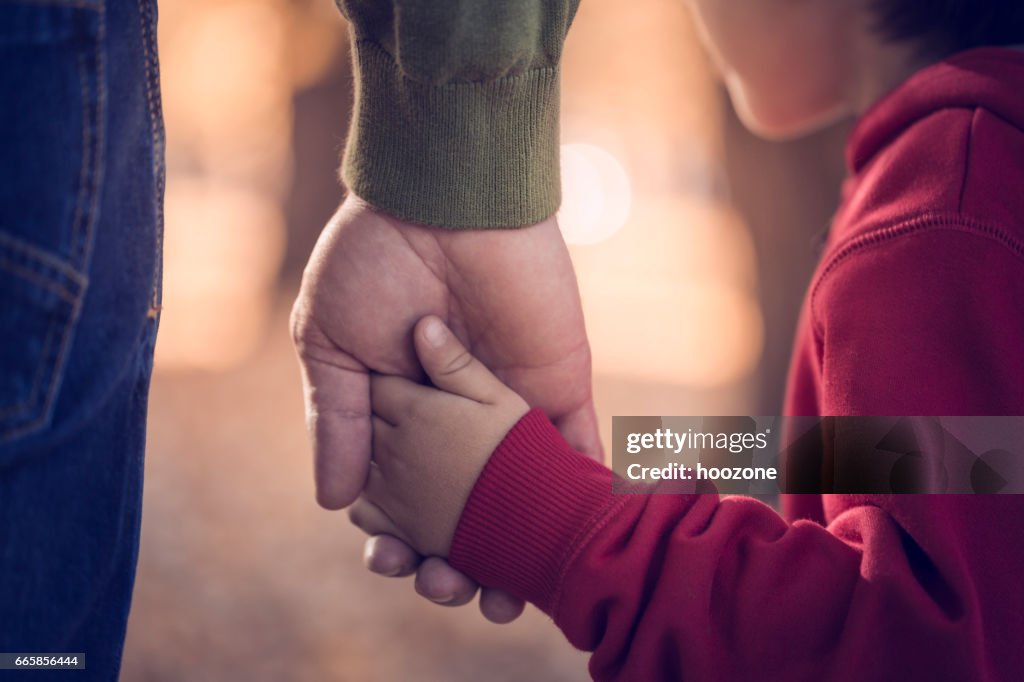 Father and son holding hands in park