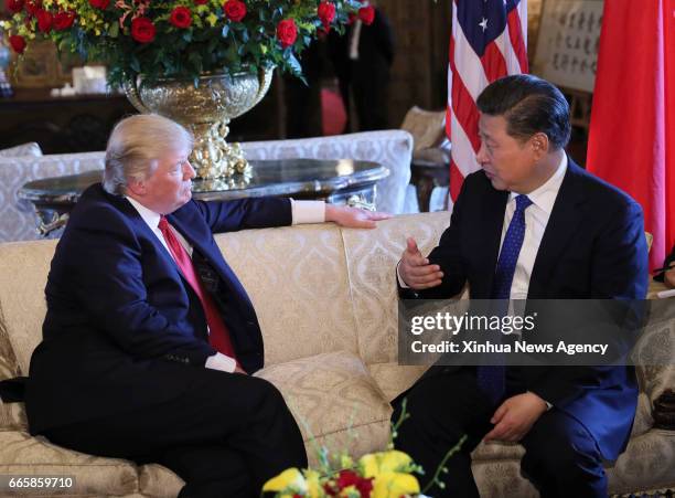 April 6, 2017 -- Chinese President Xi Jinping meets with his U.S. Counterpart Donald Trump in the latter's Florida resort of Mar-a-Lago in the United...