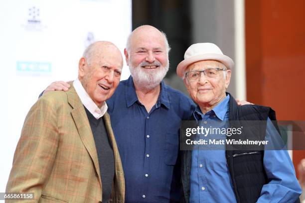 Honorees Carl Reiner and Rob Reiner and producer Norman Lear attend the Carl and Rob Reiner Hand and Footprint Ceremony during the 2017 TCM Classic...
