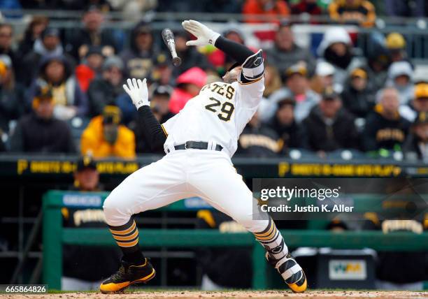 Francisco Cervelli of the Pittsburgh Pirates reacts to an inside pitch in the fourth inning against the Atlanta Braves on Opening Day at PNC Park on...