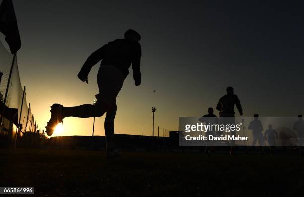 Louth , Ireland - 7 April 2017; Shamrock Rovers players run out for their warm up after their team bus arrived late due the traffic congestion before...
