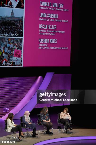 Tamika D. Marllory, Linda Sarsour, Becca Heller and Rashida Jones speak during the Eighth Annual Women In The World Summit at Lincoln Center for the...