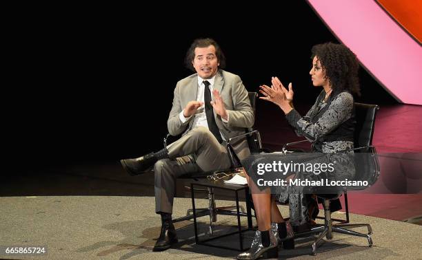 John Leguizamo and Sarah Jones speak during the Eighth Annual Women In The World Summit at Lincoln Center for the Performing Arts on April 7, 2017 in...