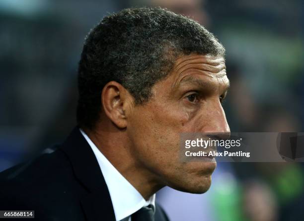 Manager of Brighton and Hove Albion, Chris Hughton looks on prior to the Sky Bet Championship match between Queens Park Rangers and Brighton & Hove...