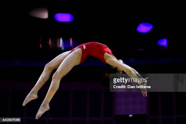 Victoria Nguyen of the United States takes part in a practice session on the beam during previews to the iPro Sport World Cup of Gymnastics at The O2...