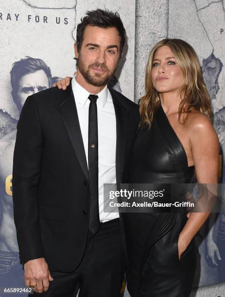 Actors Justin Theroux and Jennifer Aniston arrive at the Season 3 Premiere of 'The Leftovers' at Avalon Hollywood on April 4, 2017 in Los Angeles,...
