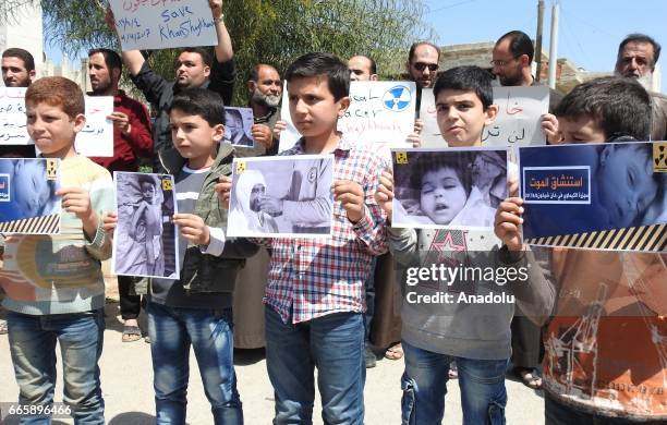 Survivors of chemical gas attack gather to protest Assad regime at the Khan Shaykhun town's square in Idlib, Syria on April 7, 2017. Assad regime...