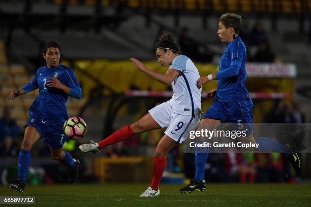 Jodie Taylor of England scores the opening goal during the Women's International friendly match between England and Italy at Vale Park on April 7,...