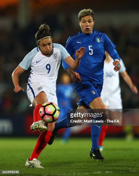 Jodie Taylor of England scores the opening goal during the Women's International friendly match between England and Italy at Vale Park on April 7,...