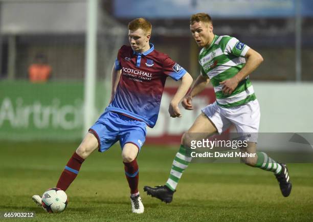 Louth , Ireland - 7 April 2017; Mark Doyle of Drogheda United in action against Danny Devine of Shamrock Rovers during the SSE Airtricity League...