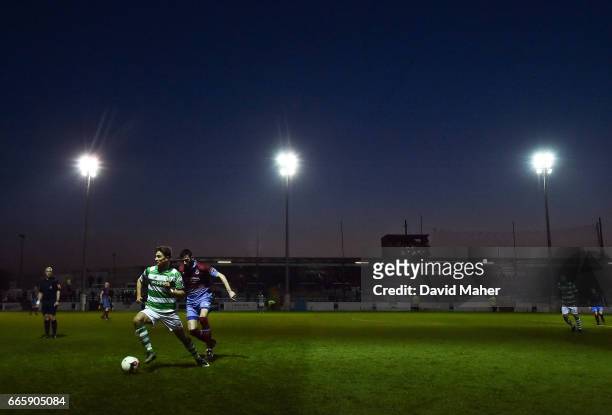 Louth , Ireland - 7 April 2017; Ronan Finn of Shamrock Rovers in action against Gavin Brennan of Drogheda United during the SSE Airtricity League...