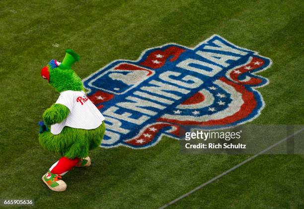 The Phillie Phanatic performs before an opening day game between the Philadelphia Phillies the Washington Nationals at Citizens Bank Park on April 7,...
