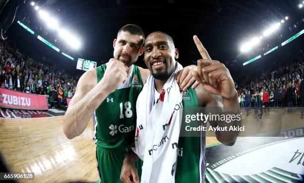 Adrien Moerman, #18 of Darussafaka Dogus Istanbul and Bradley Wanamaker, #11 of Darussafaka Dogus Istanbul celebrate victory during the 2016/2017...