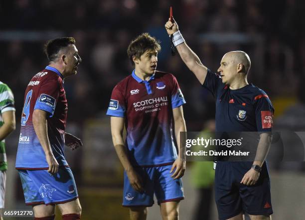 Louth , Ireland - 7 April 2017; Referee Rob Rogers sends off Sean Brennan of Drogheda United, left, during the SSE Airtricity League Premier Division...