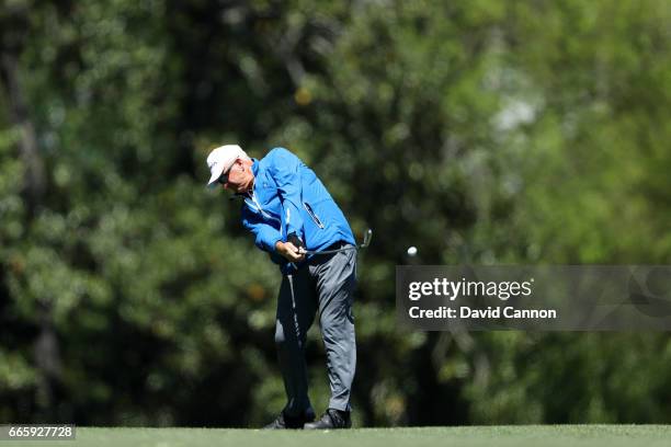 Sandy Lyle of Scotland plays his second shot on the fifth hole during the second round of the 2017 Masters Tournament at Augusta National Golf Club...