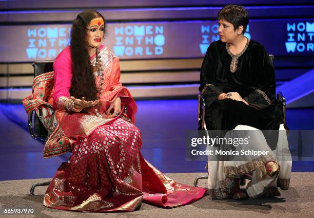 Laxmi Narayan Tripathi and Barkha Dutt speak on stage at the 8th Annual Women In The World Summit at Lincoln Center for the Performing Arts on April...