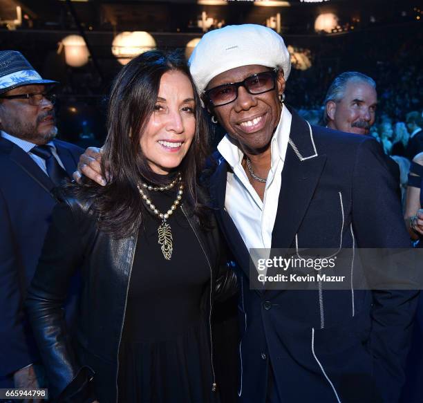 Olivia Harrison and Nile Rodgers attend 32nd Annual Rock & Roll Hall Of Fame Induction Ceremony at Barclays Center on April 7, 2017 in New York City....