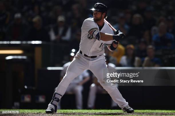 Kirk Nieuwenhuis of the Milwaukee Brewers at bat during a game against the Colorado Rockies at Miller Park on April 6, 2017 in Milwaukee, Wisconsin....