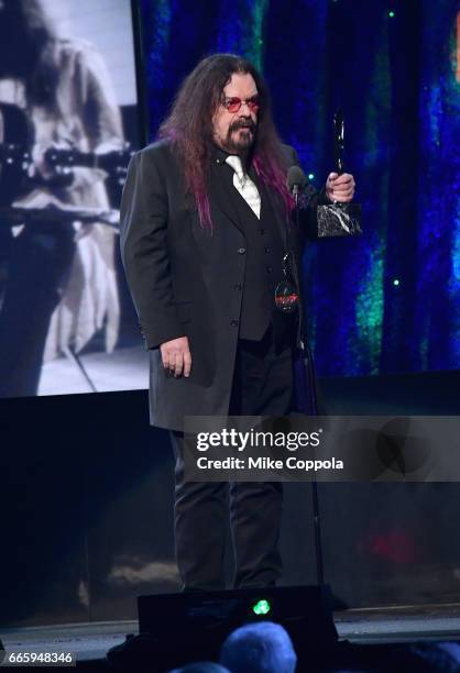 Inductee Roy Wood of ELO speaks onstage at the 32nd Annual Rock & Roll Hall Of Fame Induction Ceremony at Barclays Center on April 7, 2017 in New...