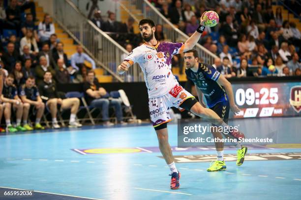 Eduardo Gurbindo of HBC Nantes is shooting a penalty during the semi-final match of the Final Four Coupe de la Ligue between Dunkerque Handball and...