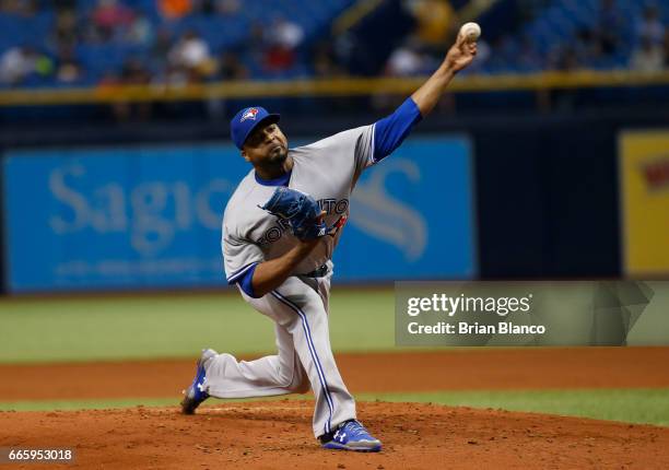 Francisco Liriano of the Toronto Blue Jays pitches during the first inning of a game against the Tampa Bay Rays on April 7, 2017 at Tropicana Field...