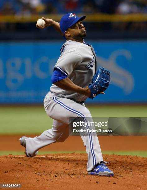 Francisco Liriano of the Toronto Blue Jays pitches during the first inning of a game against the Tampa Bay Rays on April 7, 2017 at Tropicana Field...