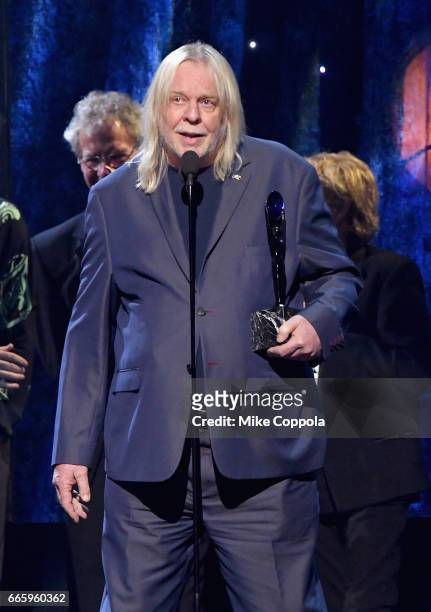 Inductee Rick Wakeman of Yes speaks onstage at the 32nd Annual Rock & Roll Hall Of Fame Induction Ceremony at Barclays Center on April 7, 2017 in New...