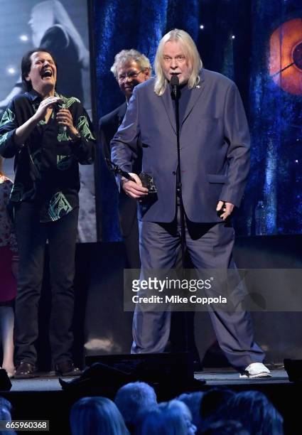 Inductee Rick Wakeman of Yes speaks onstage at the 32nd Annual Rock & Roll Hall Of Fame Induction Ceremony at Barclays Center on April 7, 2017 in New...