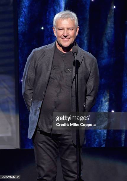 Presenter Alex Lifeson of Rush speaks onstage at the 32nd Annual Rock & Roll Hall Of Fame Induction Ceremony at Barclays Center on April 7, 2017 in...