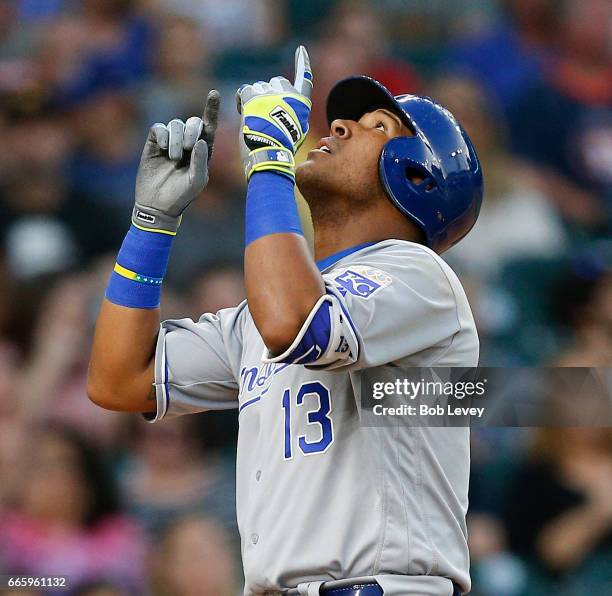 Salvador Perez of the Kansas City Royals hits a home run in the second inning against the Houston Astros at Minute Maid Park on April 7, 2017 in...