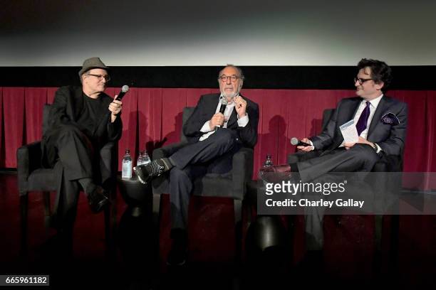 Actor Albert Brooks, director James L. Brooks and TCM host Ben Mankiewicz speak onstage at the screening of 'Broadcast News' during the 2017 TCM...