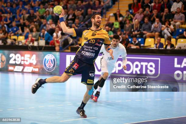 Raphael Caucheteux of Saint-Raphael Var Handball is shooting a penalty during the semi-final match of the Final Four Coupe de la Ligue between Saint...