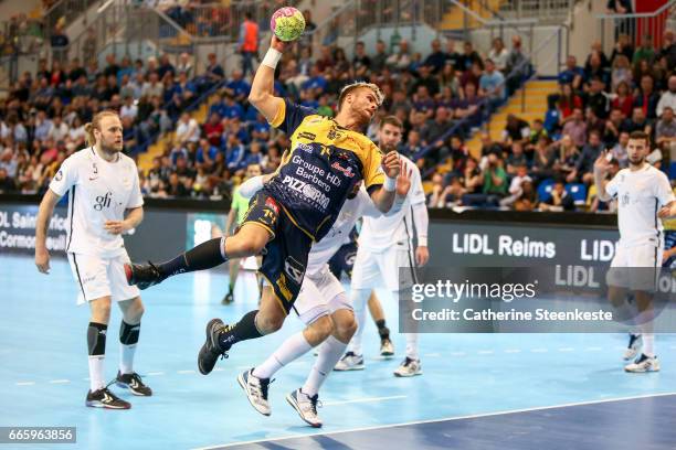 Alexander Lynggaard of Saint-Raphael Var Handball is shooting the ball during the semi-final match of the Final Four Coupe de la Ligue between Saint...