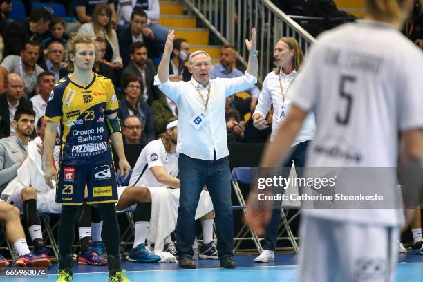 Zvonimir Serdarusic Head Coach of Paris Saint Germain is reacting to a play during the semi-final match of the Final Four Coupe de la Ligue between...