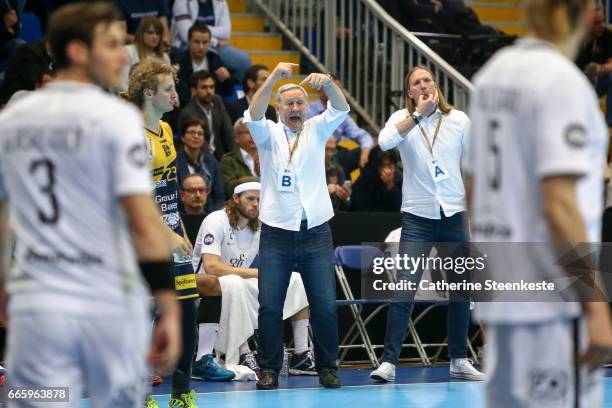 Zvonimir Serdarusic Head Coach of Paris Saint Germain and his assistant Staffan Olsson are calling a play during the semi-final match of the Final...