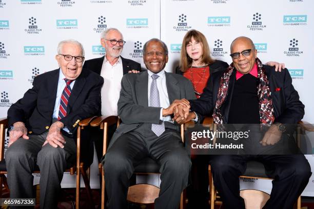 Producer Walter Mirisch, director Norman Jewison, actor Sidney Poitier, actor Lee Grant and producer Quincy Jones attend the 50th anniversary...