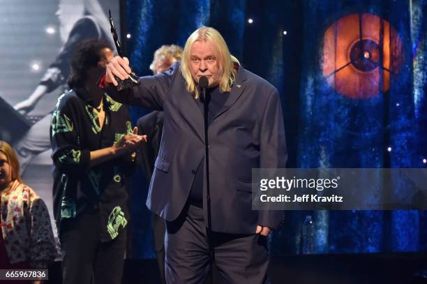Rick Wakeman of YES speaks onstage at the 32nd Annual Rock & Roll Hall Of Fame Induction Ceremony at Barclays Center on April 7, 2017 in New York...