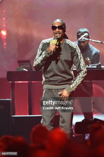 Snoop Dogg performs in honor of 2017 Inductee Tupac Shakur onstage at the 32nd Annual Rock & Roll Hall Of Fame Induction Ceremony at Barclays Center...
