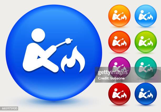campfire icon on shiny color circle buttons - roasting marshmallow stock illustrations